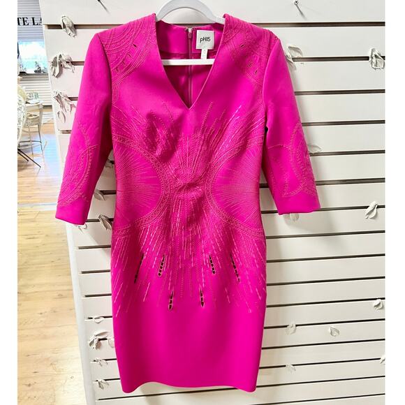 ph15 Embroidered 3/4 V-Neck Mini Sheath Dress Hot Pink Women's Size M / US 6 - Picture 2 of 7